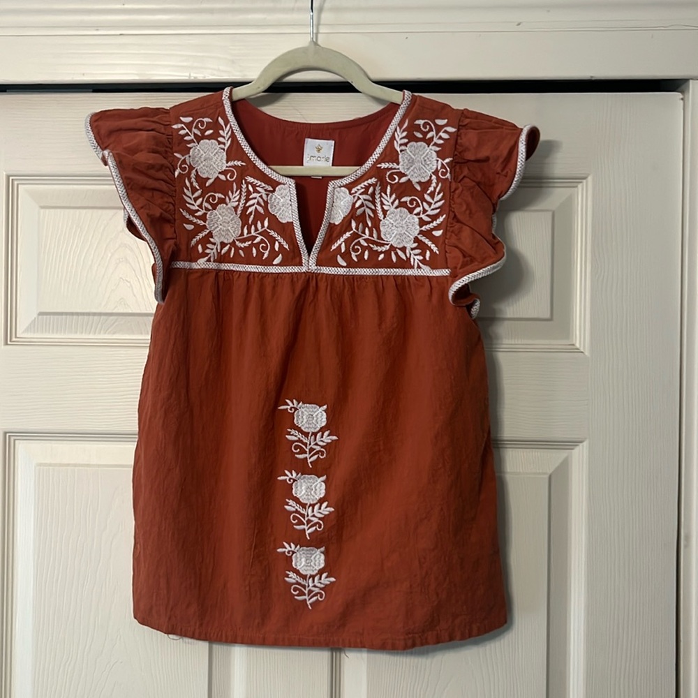 Embroidered Rust Flutter-Sleeve Women's Top